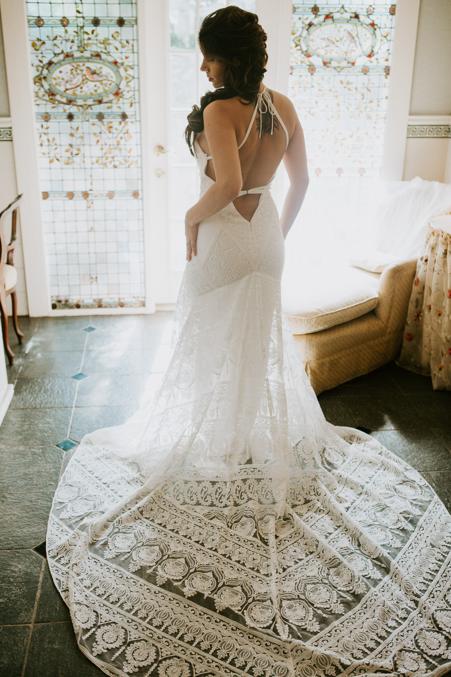 Bride with dress on in beautiful light 