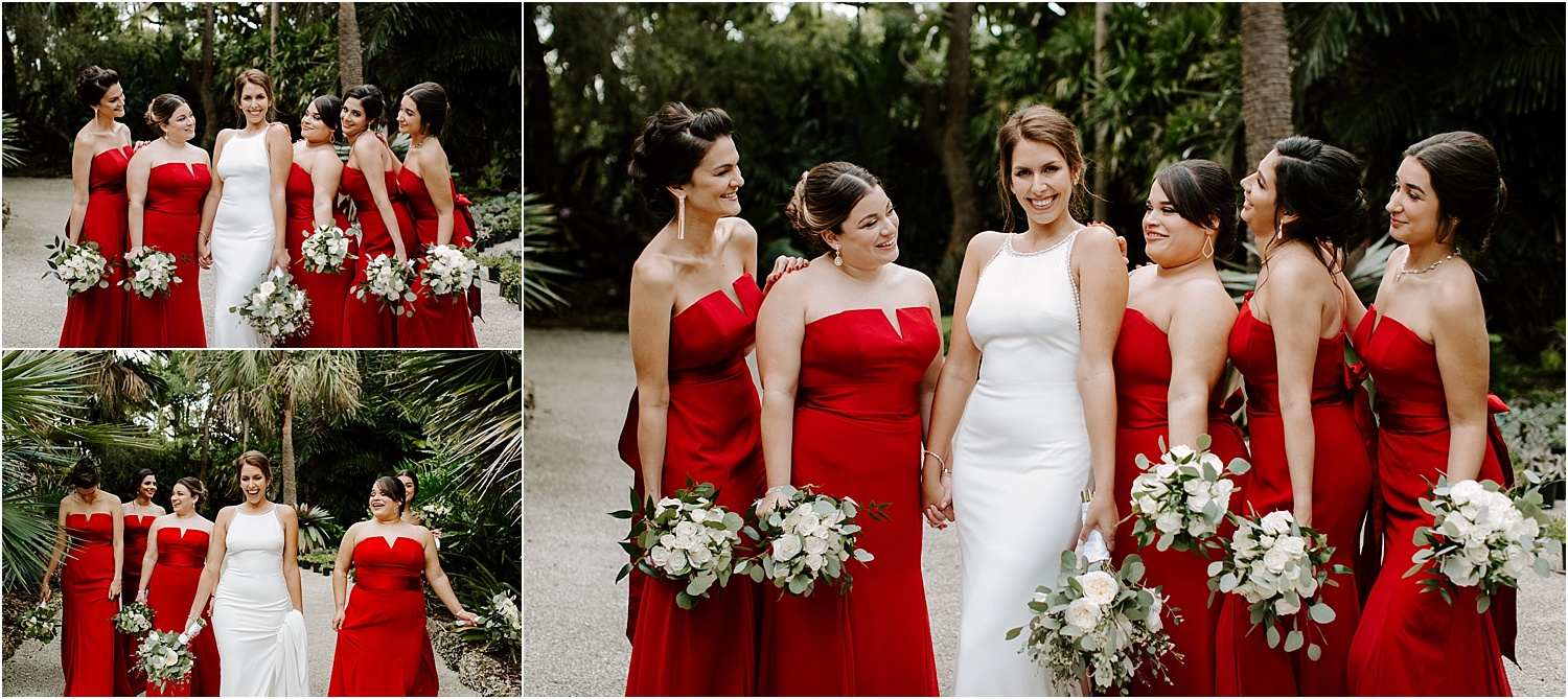 bridal party in red dresses 