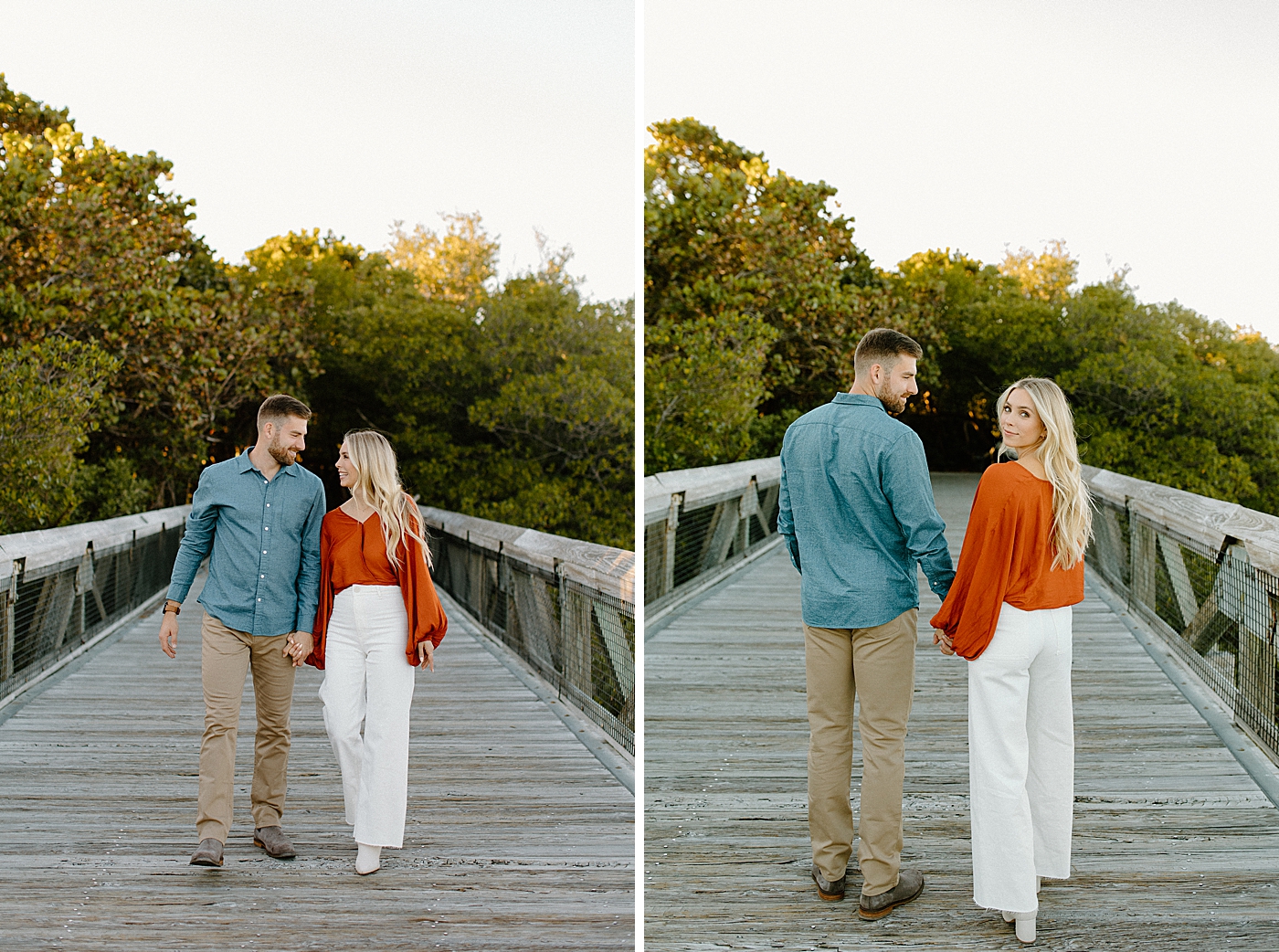 Couple holding hands on wood bridge Jupiter Engagement Photography captured by South Florida Engagement Photographer Erika Tuesta Photography