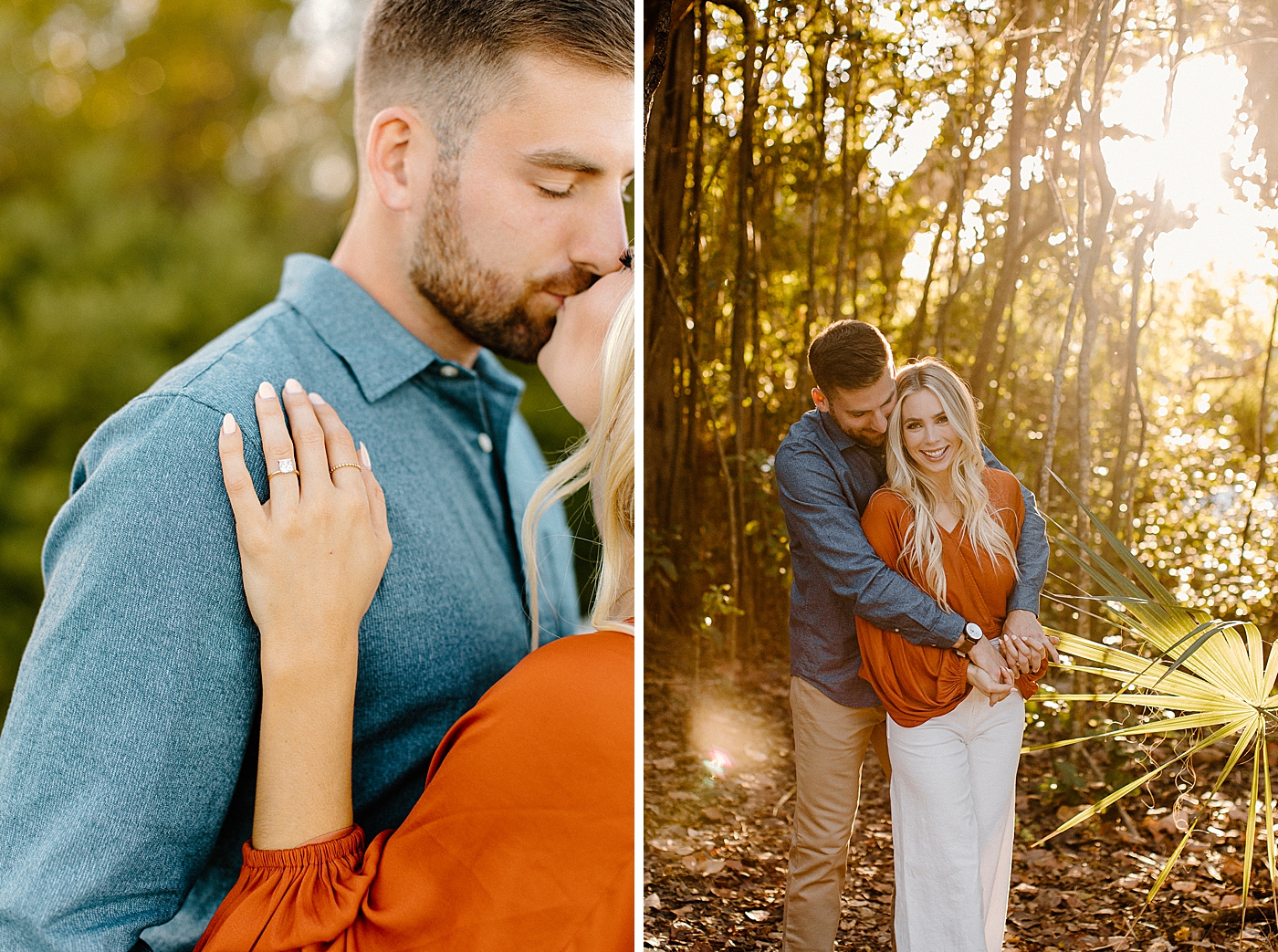 Couple kissing and holding each other in forest Jupiter Engagement Photography captured by South Florida Engagement Photographer Erika Tuesta Photography