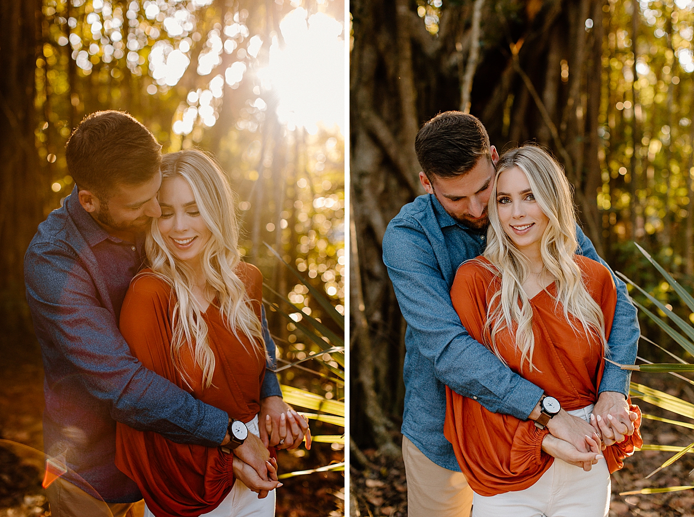 Man holds lady with sun beams coming through the trees Jupiter Engagement Photography captured by South Florida Engagement Photographer Erika Tuesta Photography