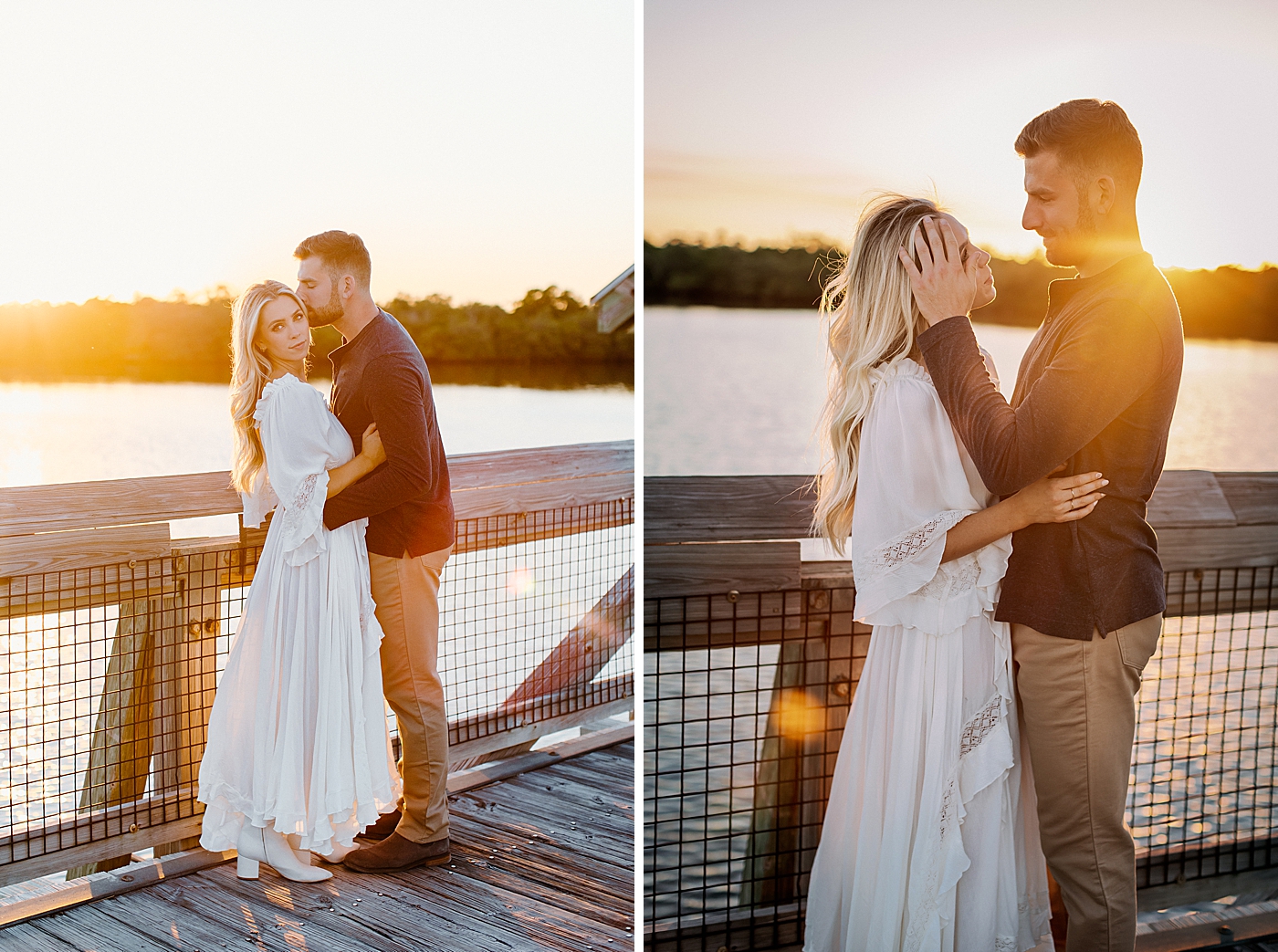 Man kisses woman on side of head on wood bridge with the sun setting Jupiter Engagement Photography captured by South Florida Engagement Photographer Erika Tuesta Photography