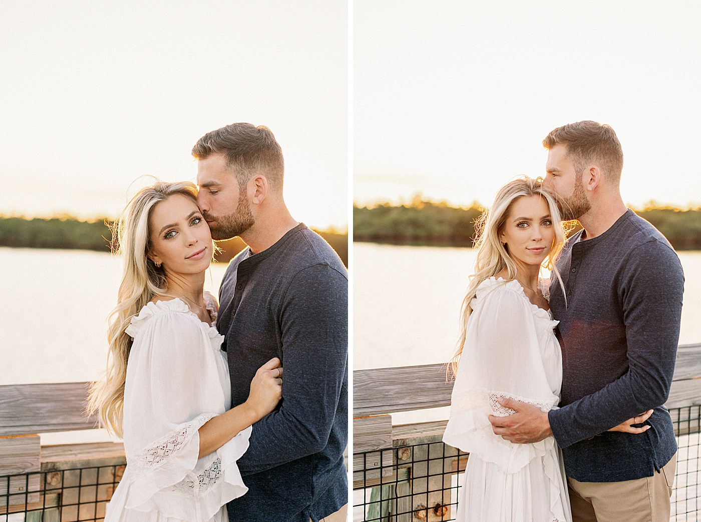 Man kisses lady and holds her with calm water behind them Jupiter Engagement Photography captured by South Florida Engagement Photographer Erika Tuesta Photography