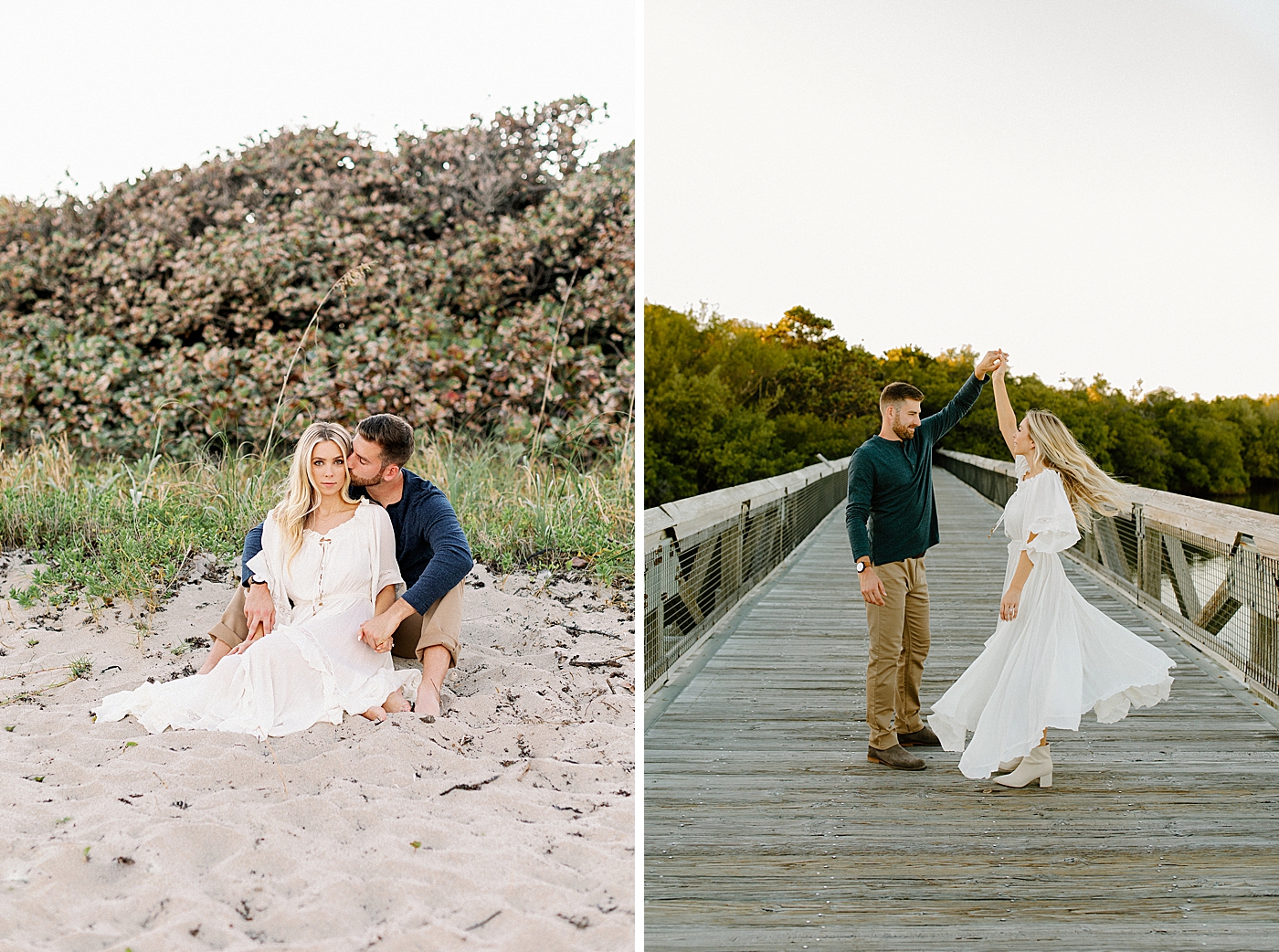 Couple sit together on sand and pirouette on wood bridge Jupiter Engagement Photography captured by South Florida Engagement Photographer Erika Tuesta Photography 