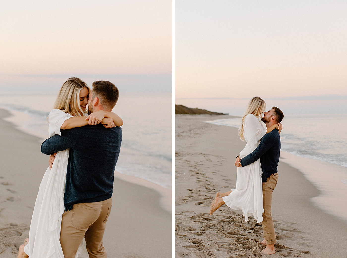 Man holds woman on beach with waves coming in Jupiter Engagement Photography captured by South Florida Engagement Photographer Erika Tuesta Photography