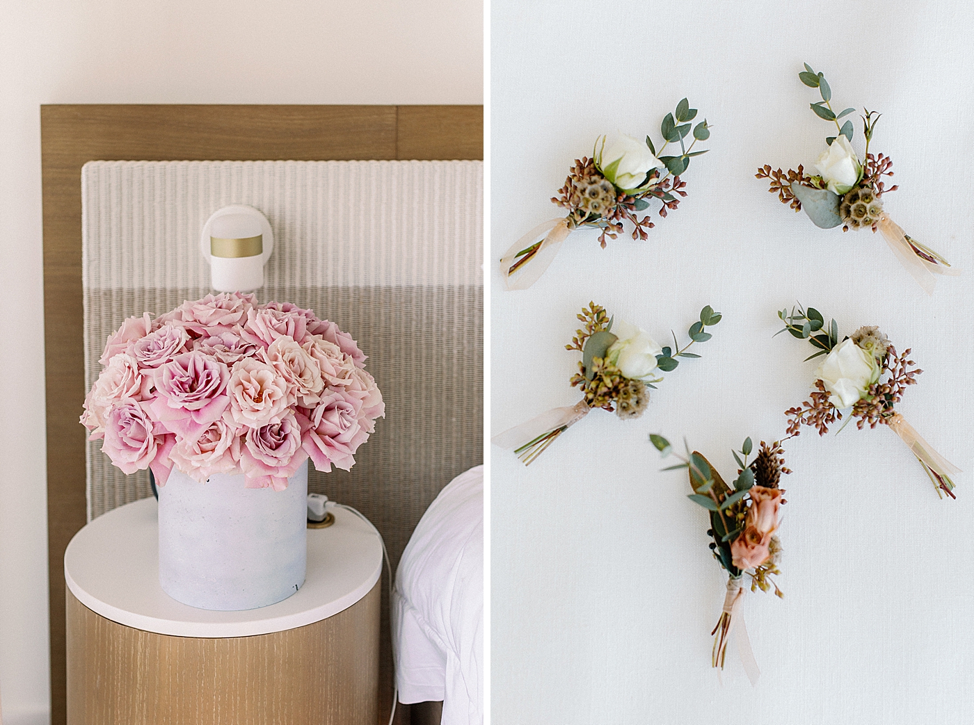 Detail shot of pastel bouquet and white and pink boutonnieres Modern Elegant Wedding at The W South Beach captured by South Florida Wedding Photographer Erika Tuesta Photography 