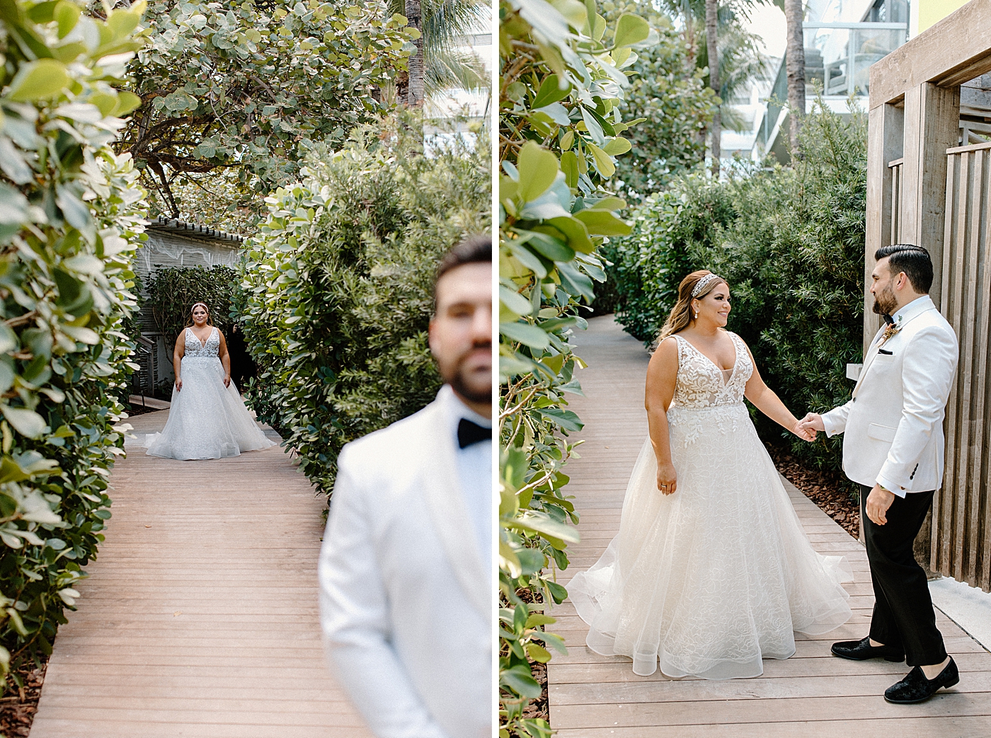 First look Bride approaching Groom and reaction to first look in greenery arch way Modern Elegant Wedding at The W South Beach captured by South Florida Wedding Photographer Erika Tuesta Photography