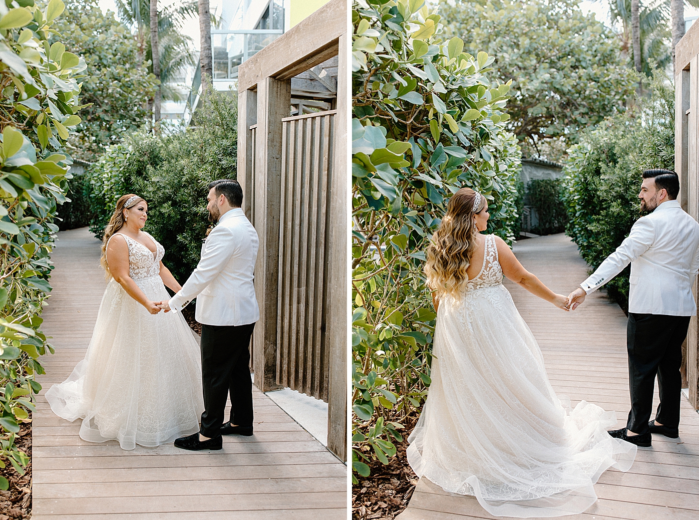 First look reaction with Bride and Groom holding hands Modern Elegant Wedding at The W South Beach captured by South Florida Wedding Photographer Erika Tuesta Photography