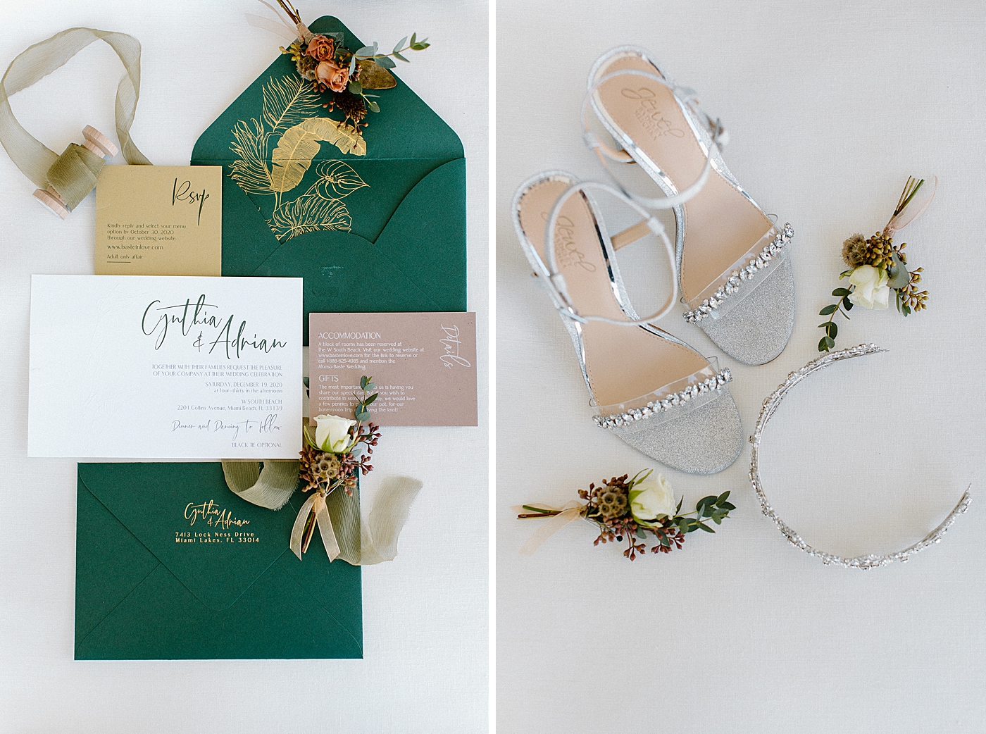 Wedding detail shot of invitations heels and boutonnieres Modern Elegant Wedding at The W South Beach captured by South Florida Wedding Photographer Erika Tuesta Photography 