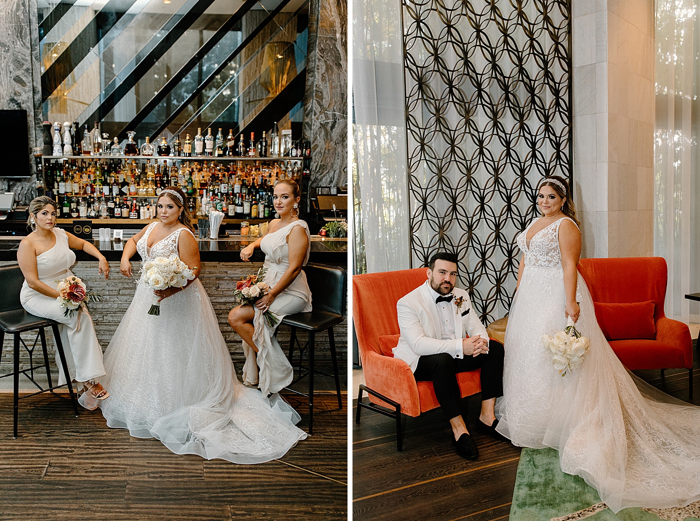 Bride and Bridesmaids posing at the bar and portrait of Groom sitting on red chair with Bride next to him Modern Elegant Wedding at The W South Beach captured by South Florida Wedding Photographer Erika Tuesta Photography
