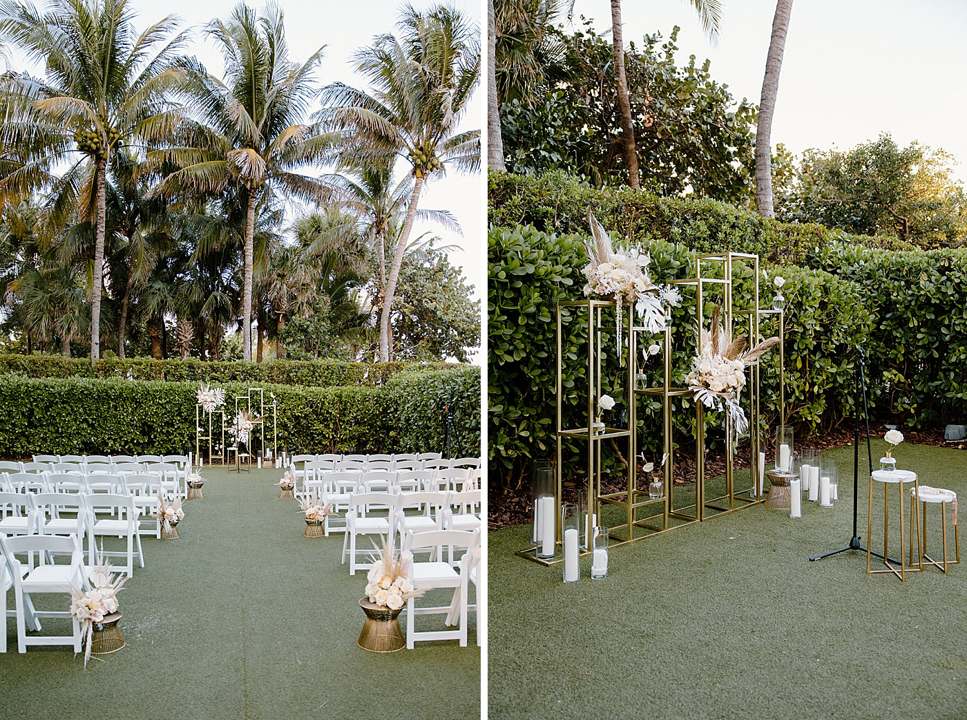 Ceremony detail shot white folding chairs with unique centerpiece Modern Elegant Wedding at The W South Beach captured by South Florida Wedding Photographer Erika Tuesta Photography