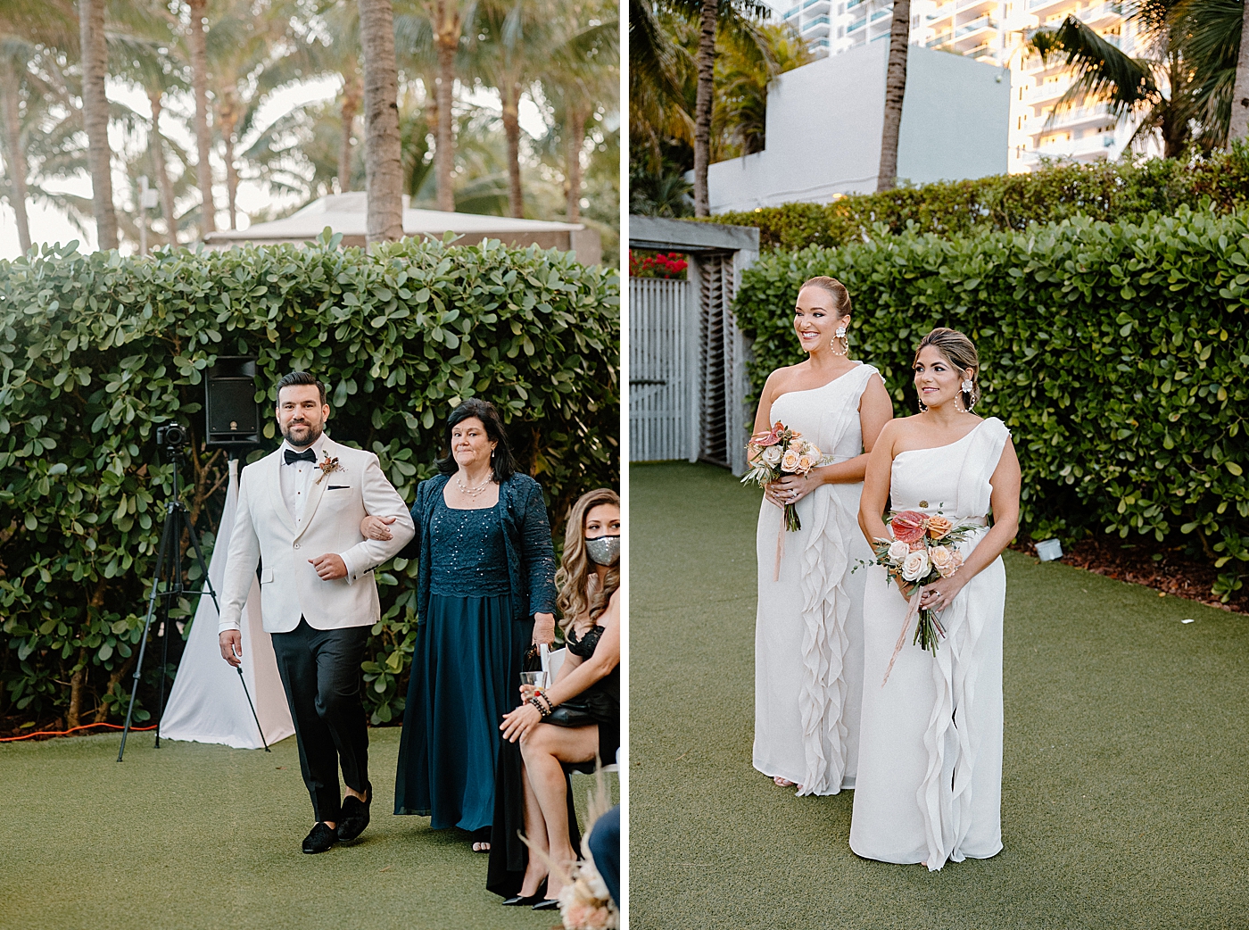 Ceremony groom entering with mother and Bridesmaids standing with bouquets Modern Elegant Wedding at The W South Beach captured by South Florida Wedding Photographer Erika Tuesta Photography
