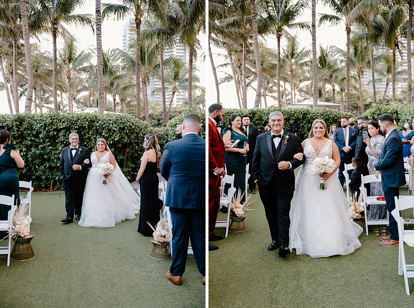 Bride entering ceremony  with father Modern Elegant Wedding at The W South Beach captured by South Florida Wedding Photographer Erika Tuesta Photography