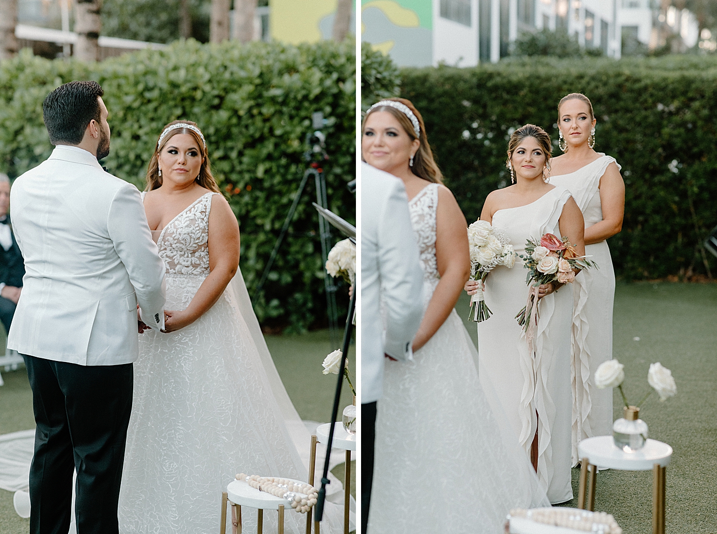 Ceremony homily with Bride and Groom holding hands and Bridesmaids watching Modern Elegant Wedding at The W South Beach captured by South Florida Wedding Photographer Erika Tuesta Photography