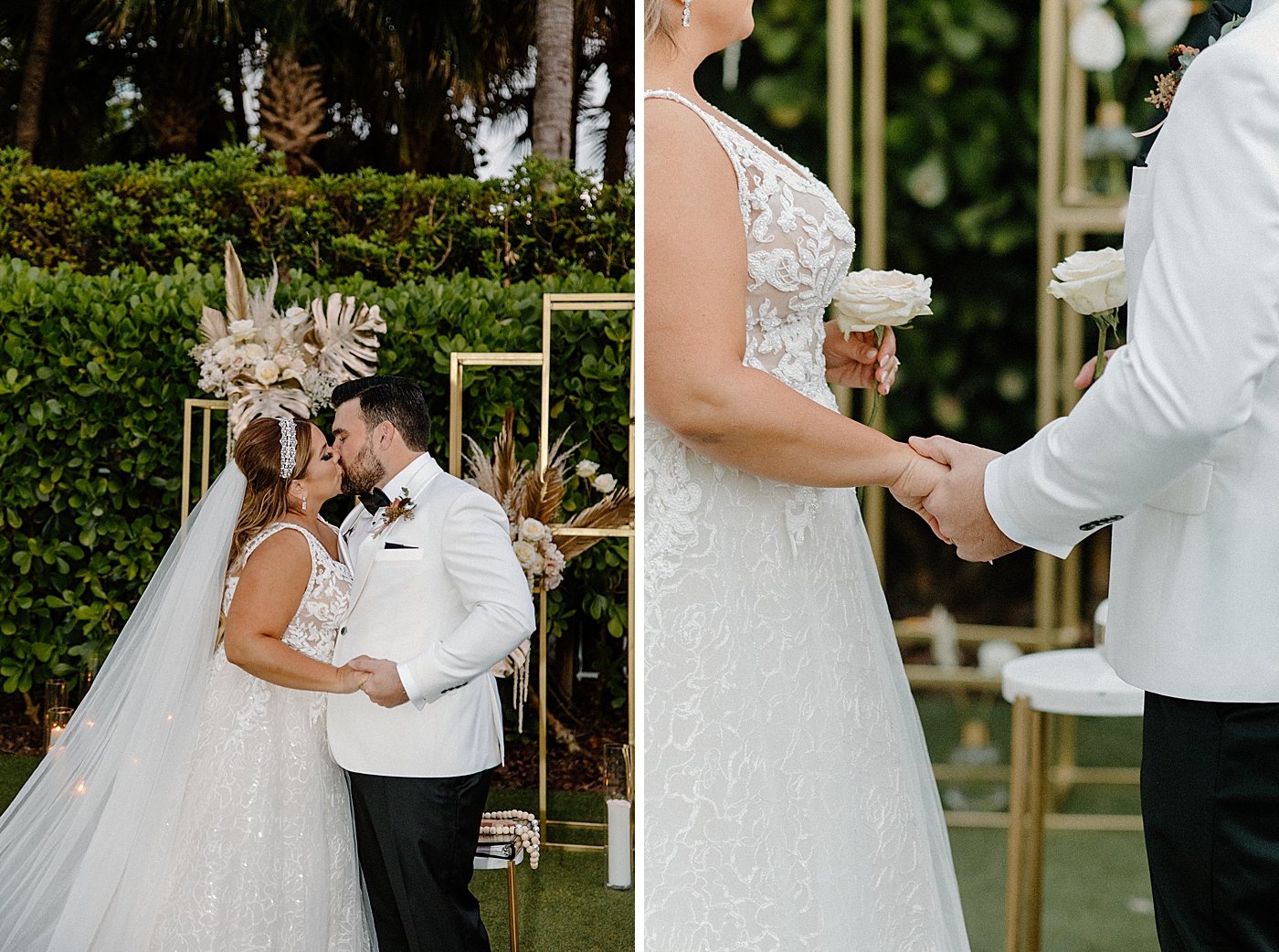 Just married Bride and Groom kissing and holding hands Modern Elegant Wedding at The W South Beach captured by South Florida Wedding Photographer Erika Tuesta Photography