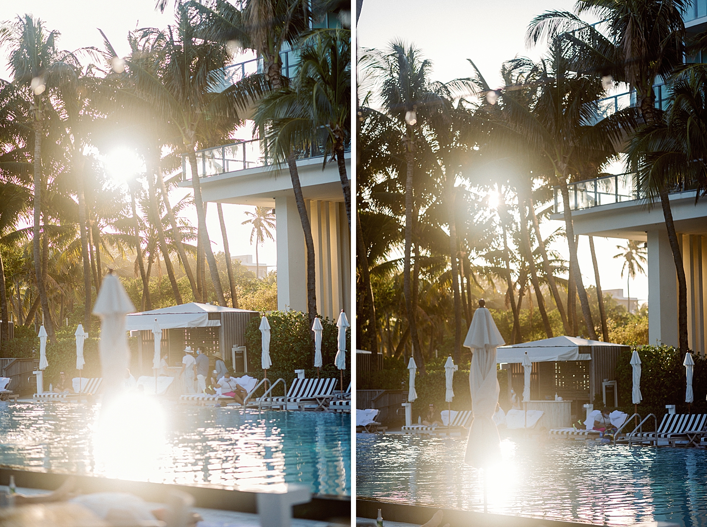 Detail shot of pool with the sun setting Modern Elegant Wedding at The W South Beach captured by South Florida Wedding Photographer Erika Tuesta Photography