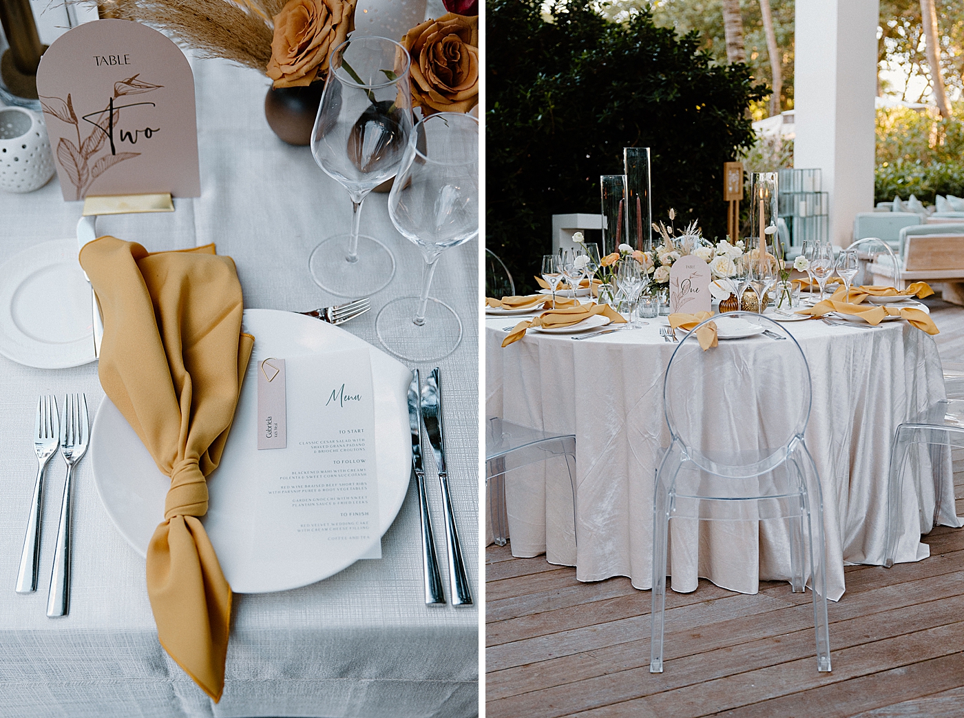 Reception detail shot of plates and table numbers with ghost chairs Modern Elegant Wedding at The W South Beach captured by South Florida Wedding Photographer Erika Tuesta Photography