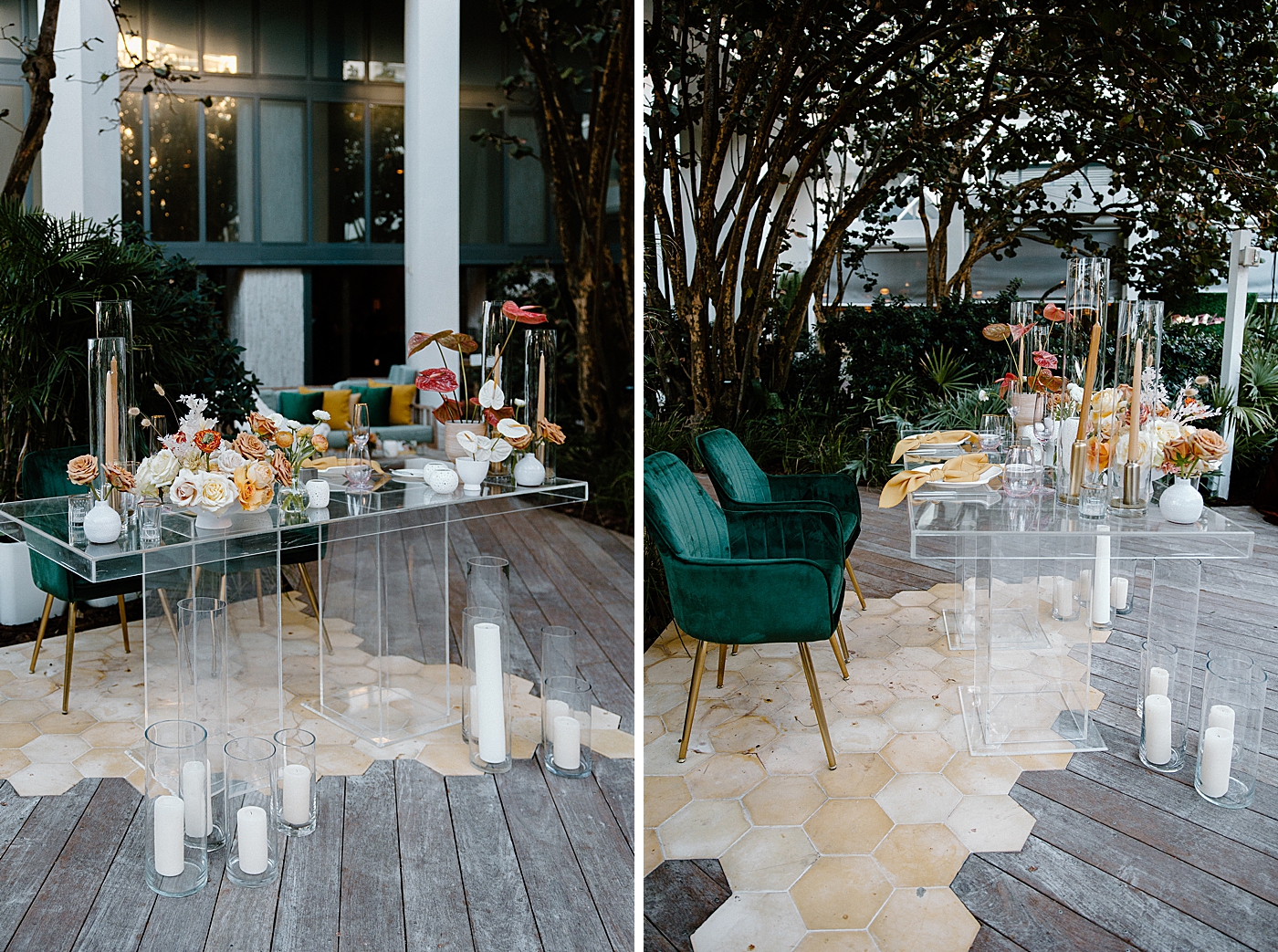 Detail shot of ghost sweetheart table with emerald green chairs Modern Elegant Wedding at The W South Beach captured by South Florida Wedding Photographer Erika Tuesta Photography