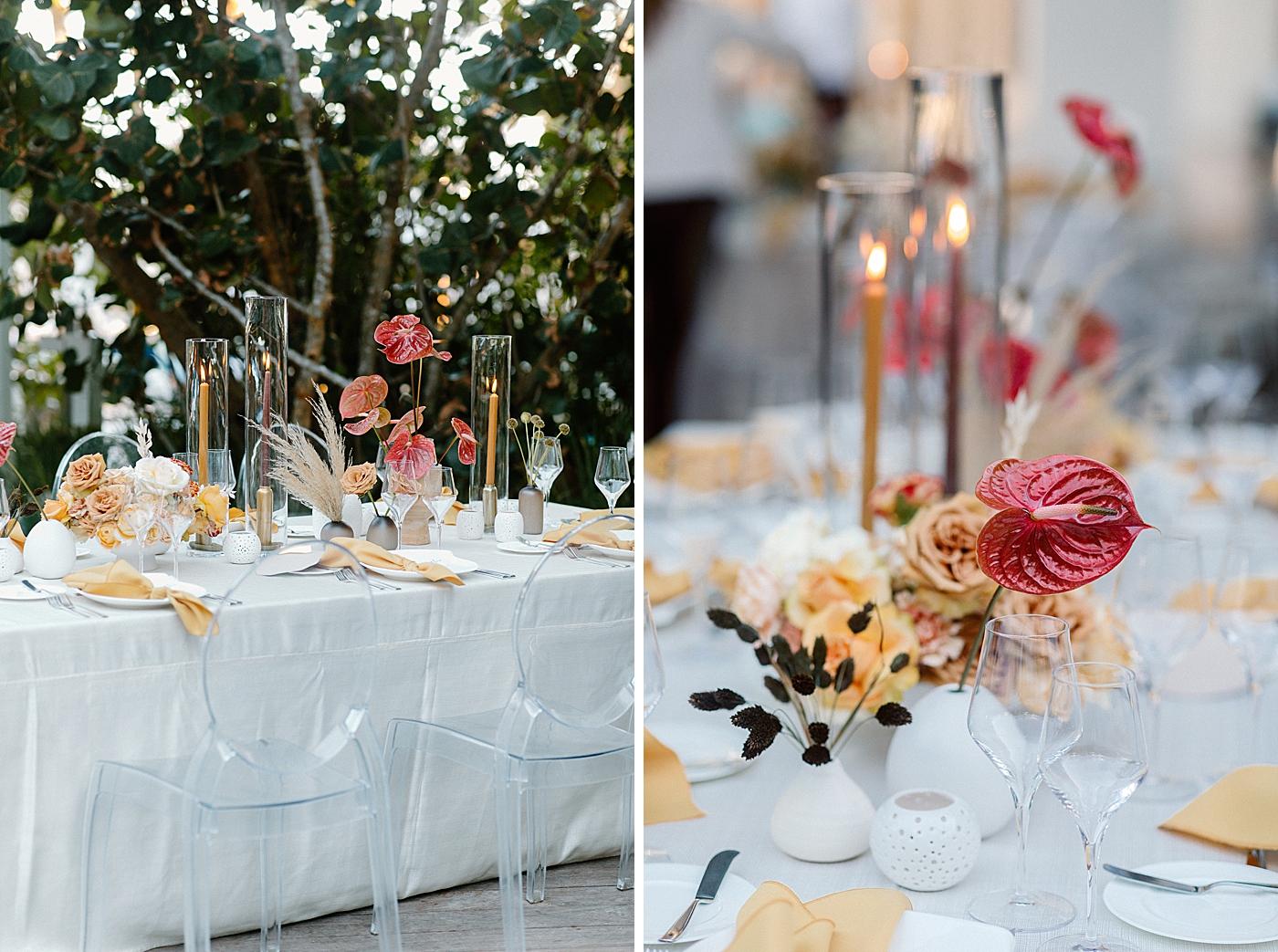 Reception detail shot of candle center pieces and ghost chairs Modern Elegant Wedding at The W South Beach captured by South Florida Wedding Photographer Erika Tuesta Photography