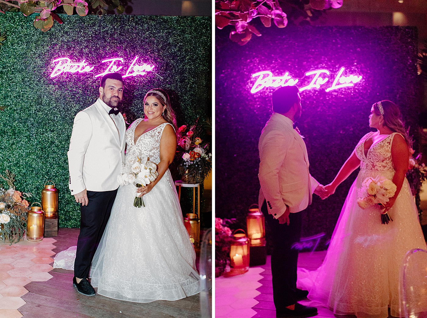 Bride and Groom portrait with Purple Neon sign behind them Modern Elegant Wedding at The W South Beach captured by South Florida Wedding Photographer Erika Tuesta Photography