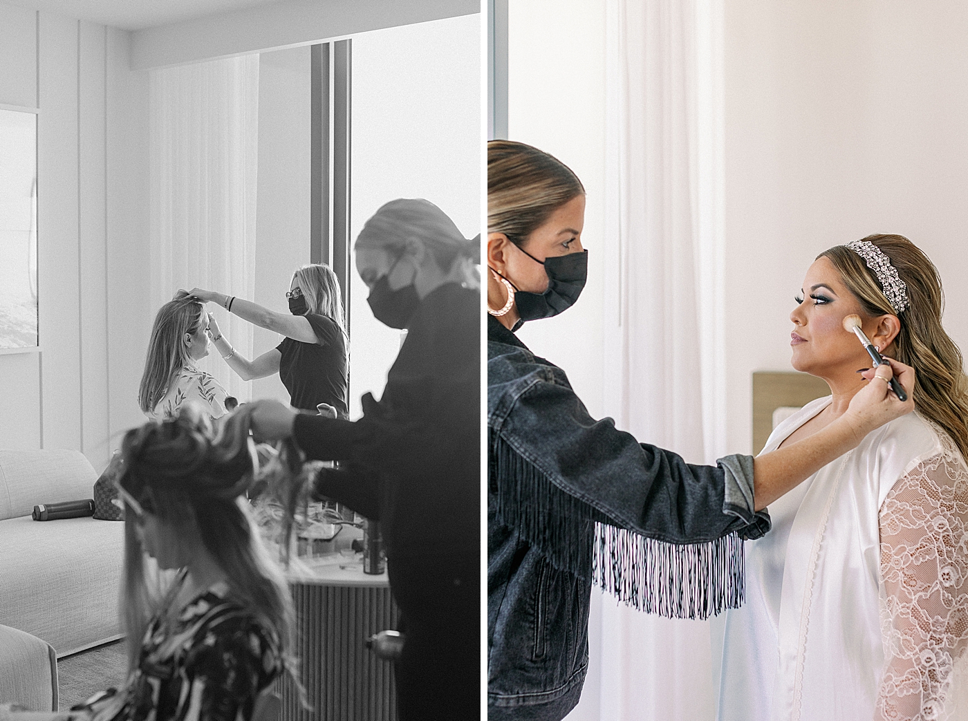 B&W and color getting ready shot of Bride having her makeup done with mask on safe makeup artist Modern Elegant Wedding at The W South Beach captured by South Florida Wedding Photographer Erika Tuesta Photography