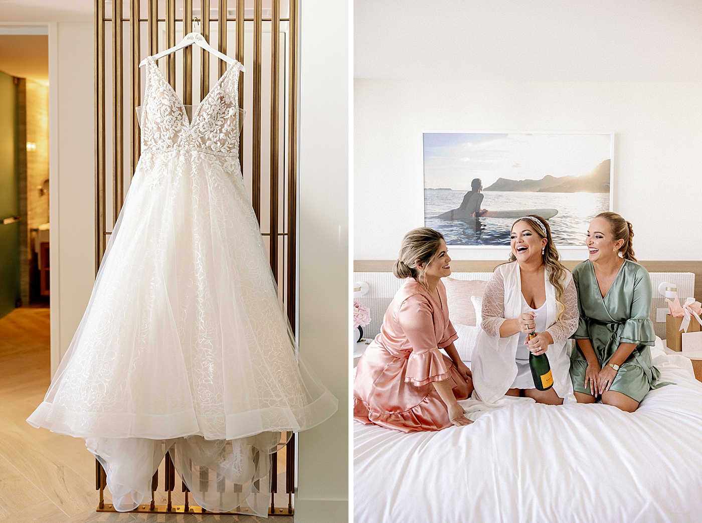 Getting ready shot of Wedding dress hanging and Bride and Bridesmaids popping Champaign Modern Elegant Wedding at The W South Beach captured by South Florida Wedding Photographer Erika Tuesta Photography
