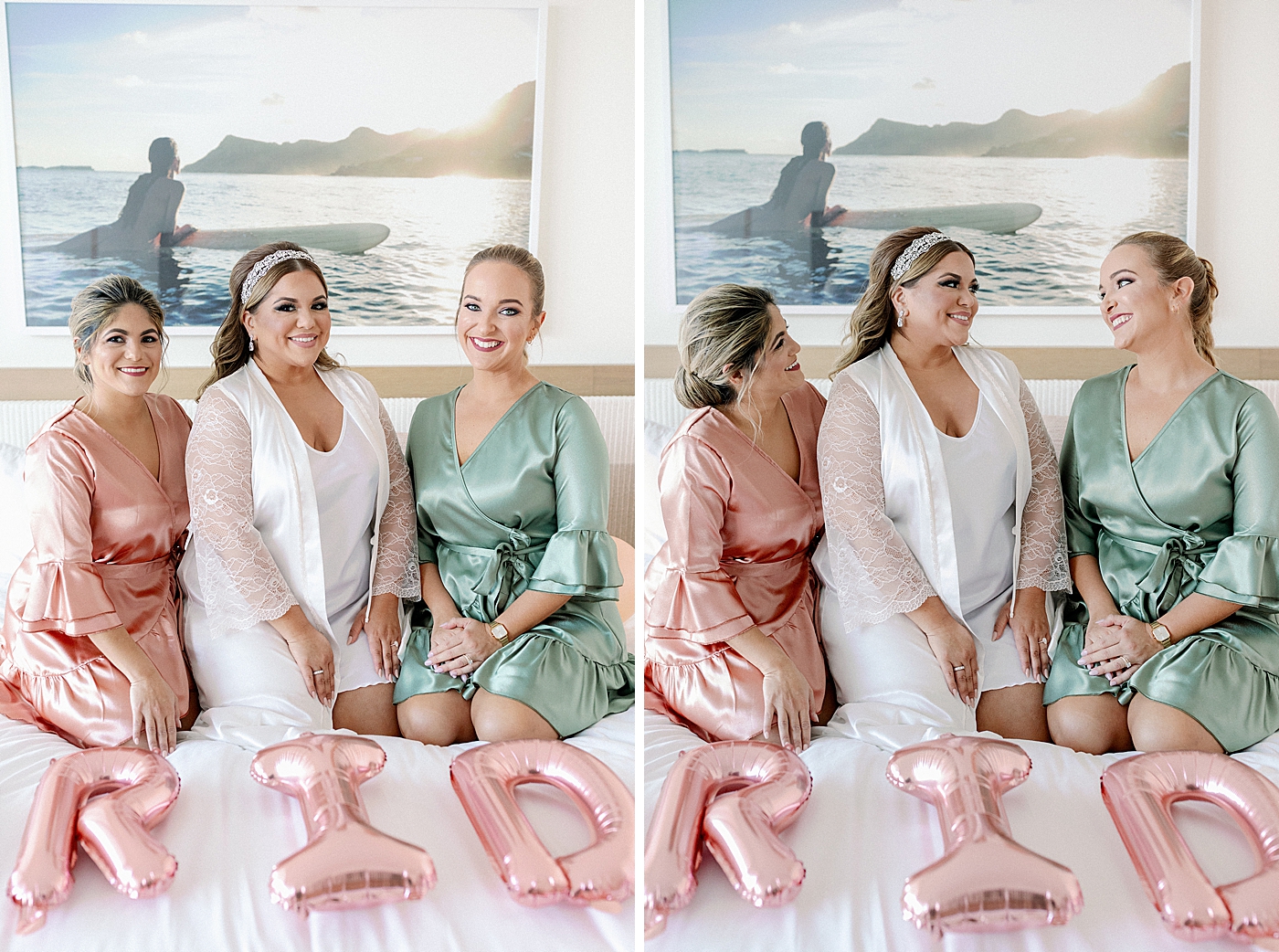 Bride and Bridesmaids in silk robes about to get ready with letter balloons Modern Elegant Wedding at The W South Beach captured by South Florida Wedding Photographer Erika Tuesta Photography