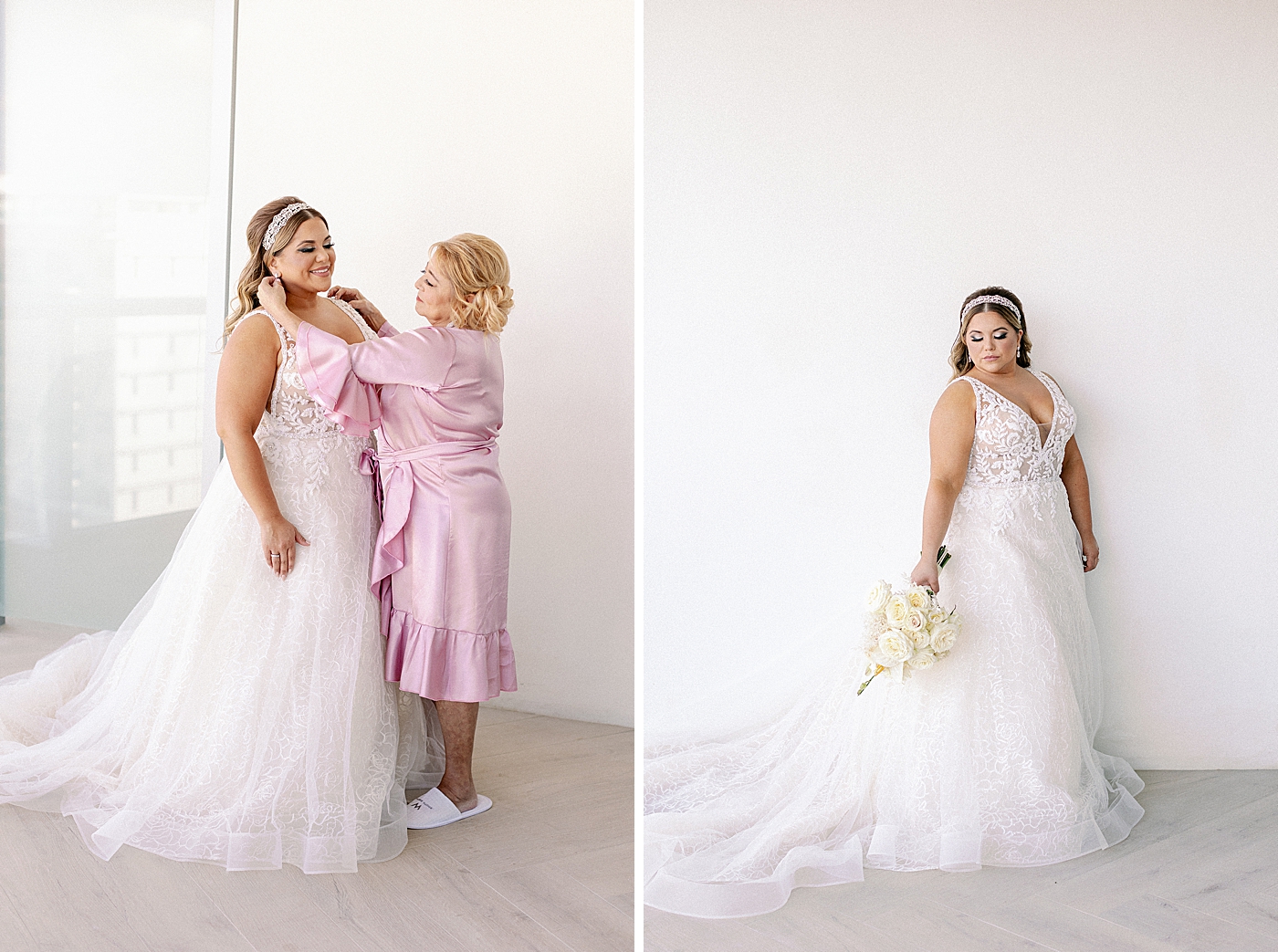 Bride getting ready getting help putting on dress and first portrait with bouquet Modern Elegant Wedding at The W South Beach captured by South Florida Wedding Photographer Erika Tuesta Photography