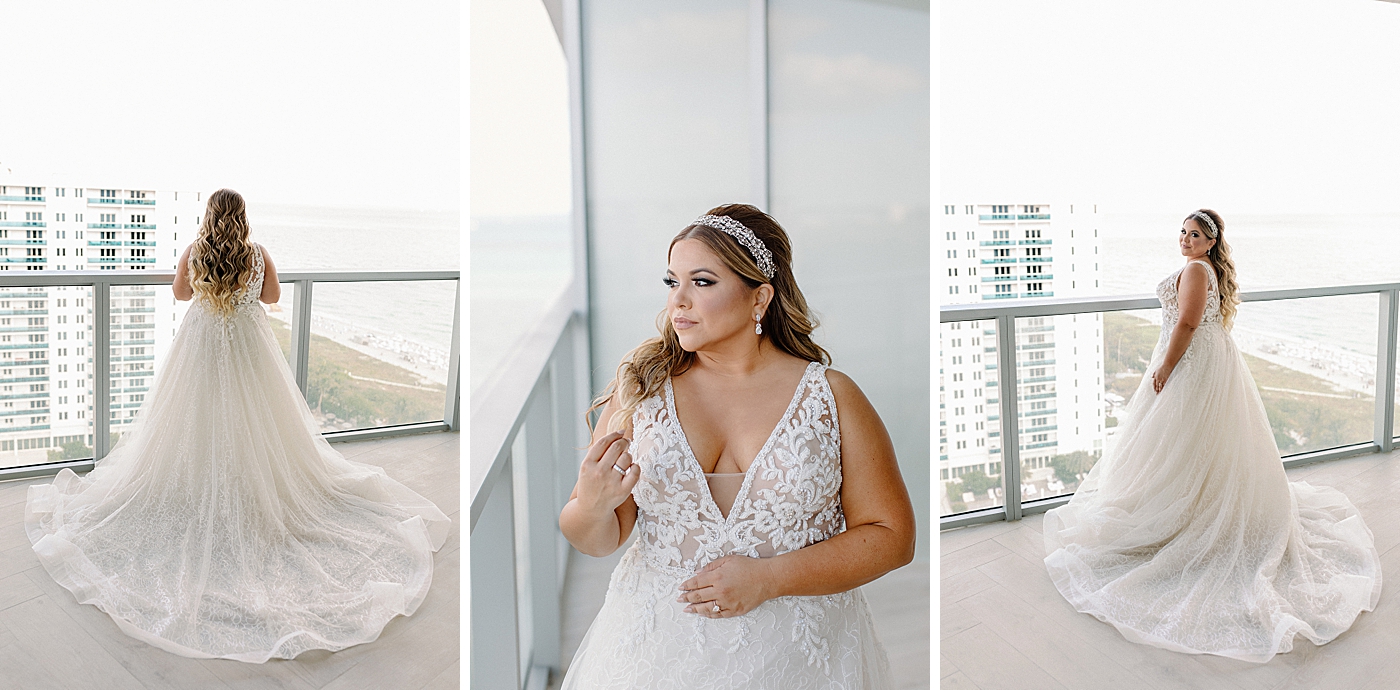 Portraits of Bride looking out hotel balcony after getting ready Modern Elegant Wedding at The W South Beach captured by South Florida Wedding Photographer Erika Tuesta Photography