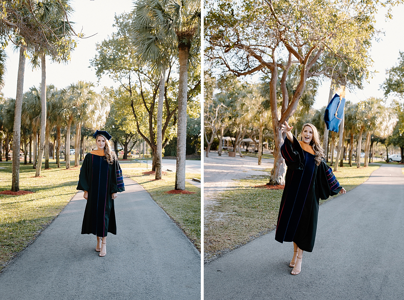 Lady in Graduation gown walking on path with palm trees and tossing grad cap Red Reef Park Engagement Photography captured by South Florida Engagement Photographer
