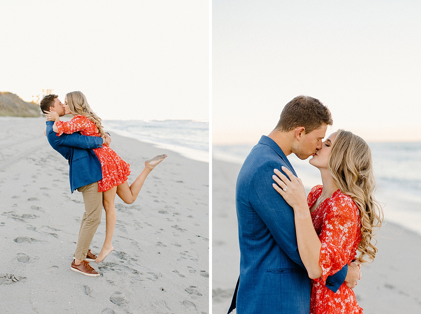 Man picks up lady on the beach and kisses her as she lifts one foot up Red Reef Park Engagement Photography captured by South Florida Engagement Photographer