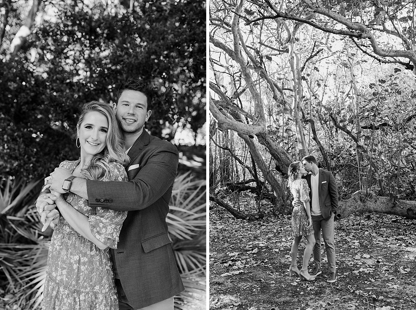 B&W Couple holding each other and kissing in the forest Red Reef Park Engagement Photography captured by South Florida Engagement Photographer