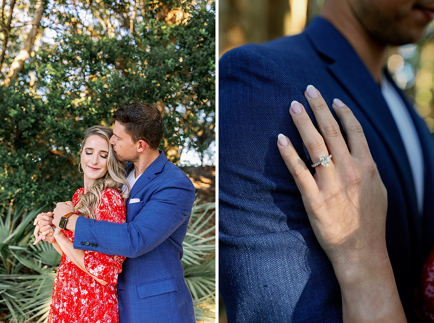 Mn holding woman and kissing her and engagement ring detail shot Red Reef Park Engagement Photography captured by South Florida Engagement Photographer