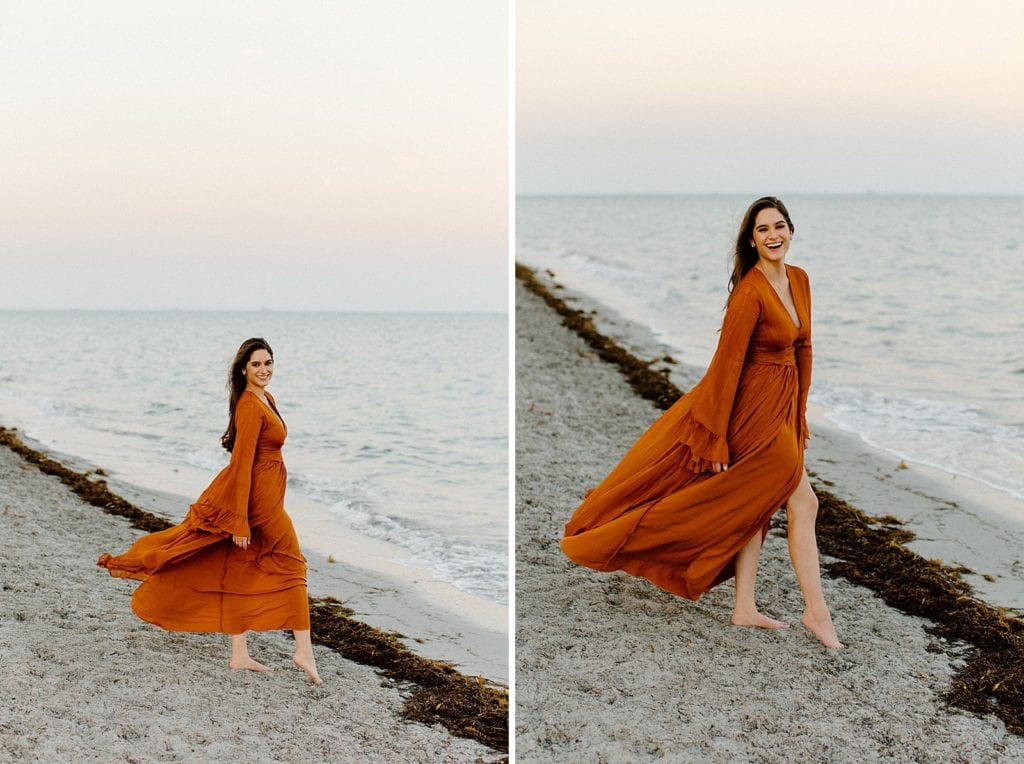 Portraits of lady by seaweed line and shoreline