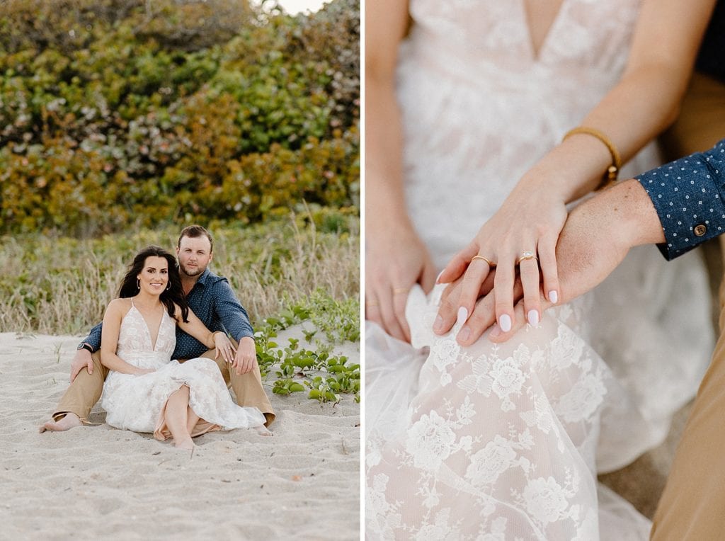 Couple sitting on the sand together with closeup of engagement ring