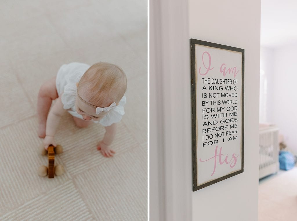 Baby playing with toy car and detail shot of framed message