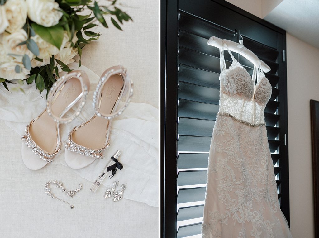 Detail shot of wedding heels with jewelry and perfume and wedding dress hanging