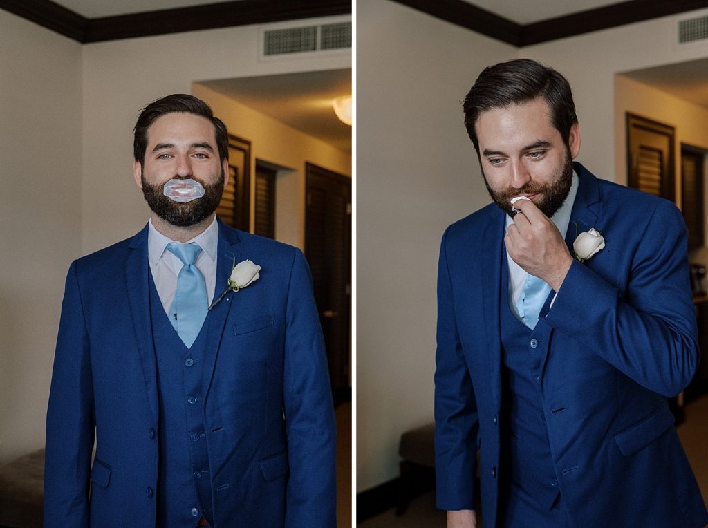 Groomsman blowing a gum bubble and cleaning himself off