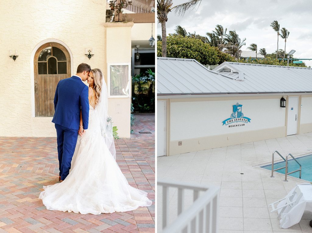 Groom resting his face against Bride's face and holding hands and detail shot of Pool area