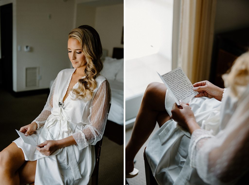 Bride reading letter from Groom while Getting Ready in hotel room