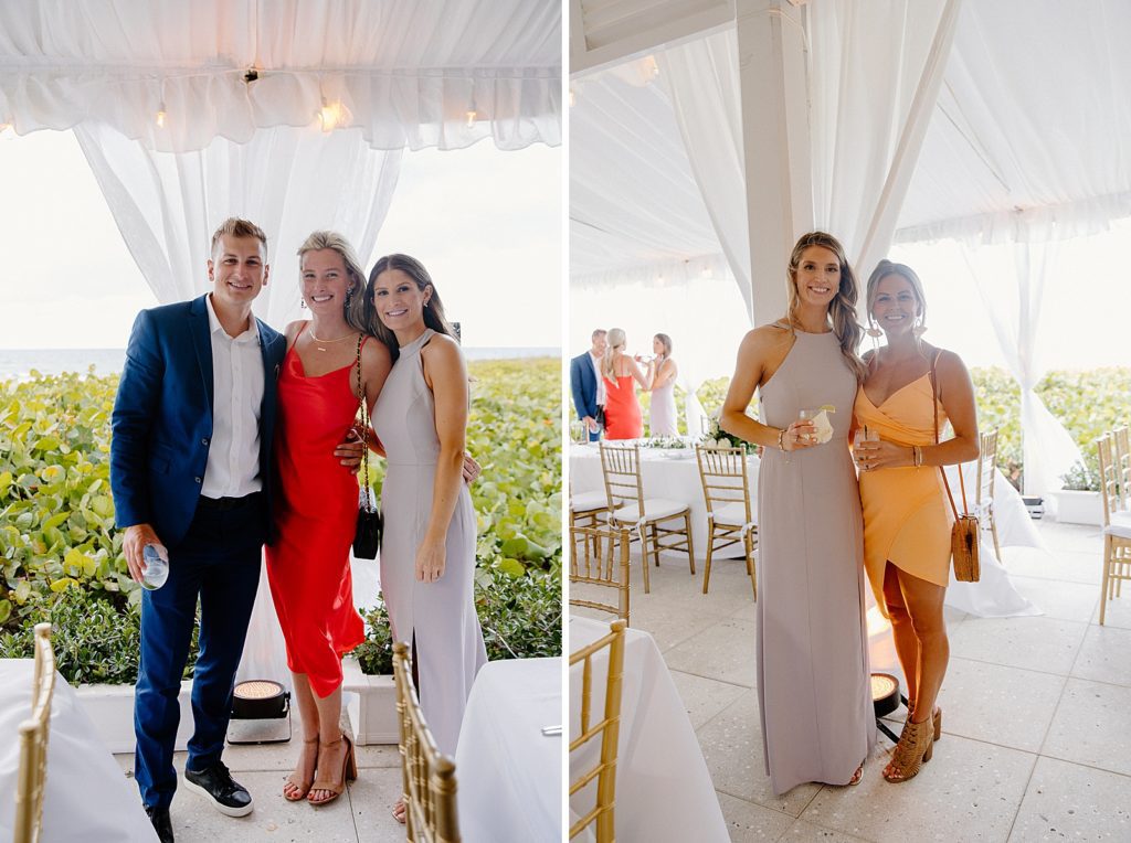 Groom posing with guests and Bride posing with friend