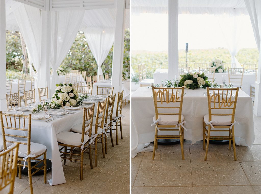 Detail shot of rectangular tables and sweetheart table for Reception