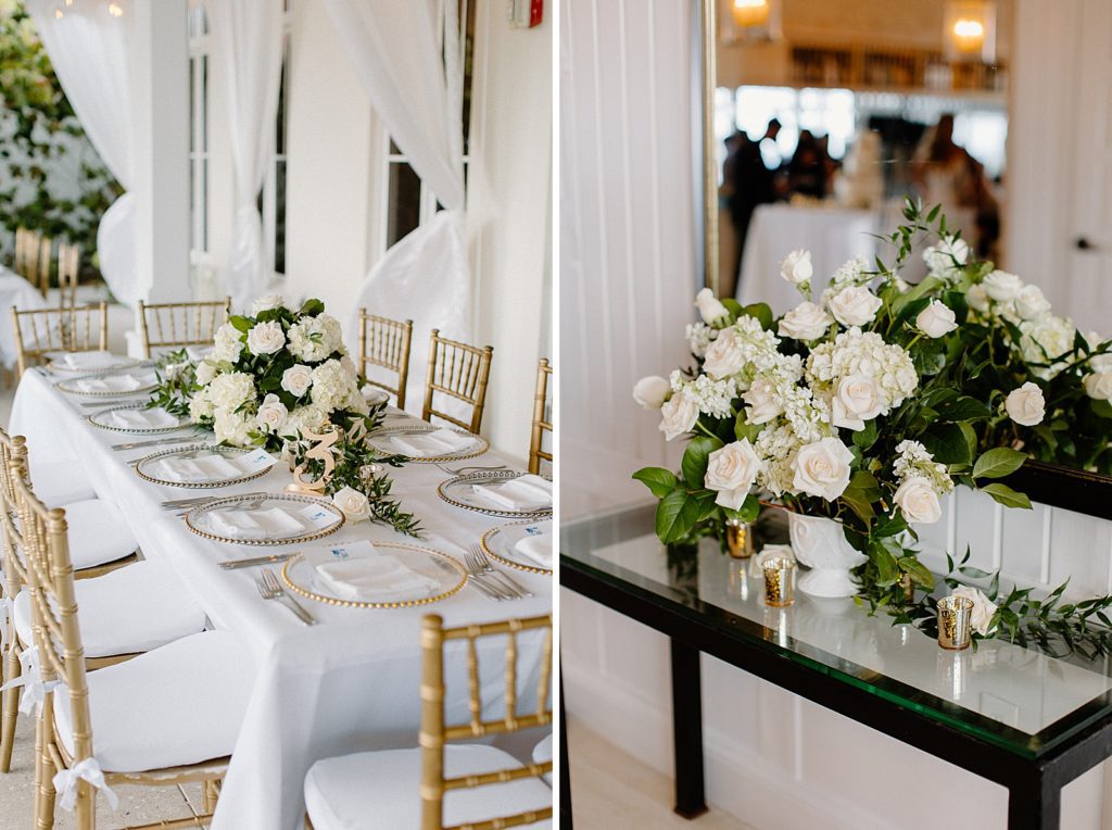 Detail shot of rectangular Reception table with white flower centerpiece