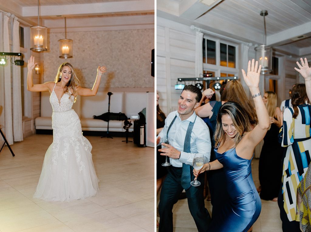 Bride dancing by herself and guests dancing at Reception