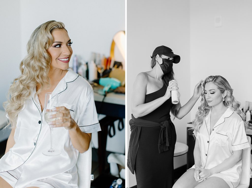 Bride getting makeup done by makeup artist getting ready