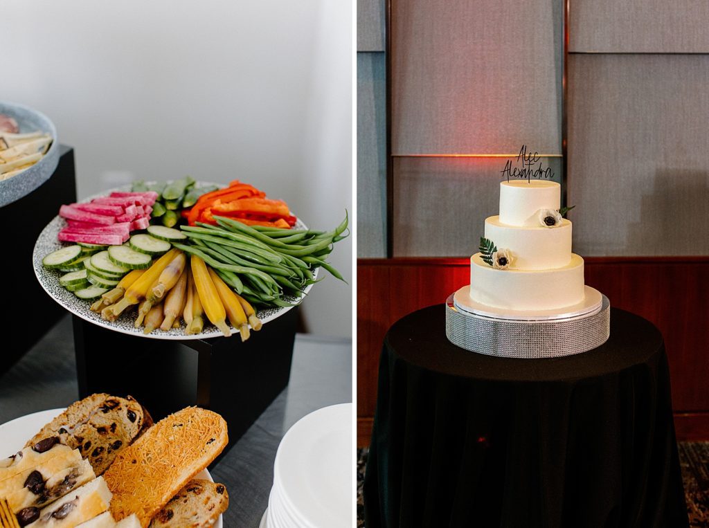 Detail shot of vegetables on platter and wedding cake for Reception