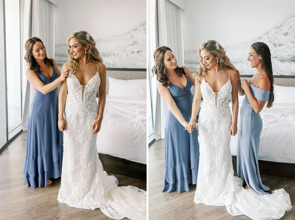 Bride with Bridesmaid in hotel room after getting ready