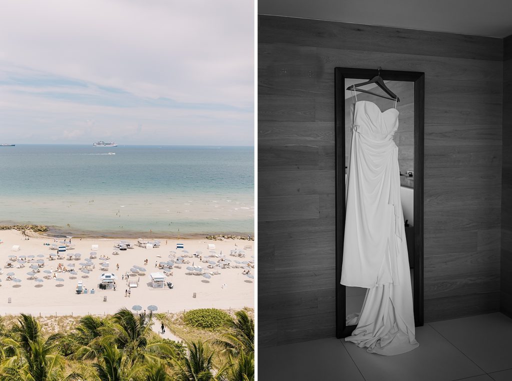 Wide shot of p=packed beach and wedding dress hanging on mirror