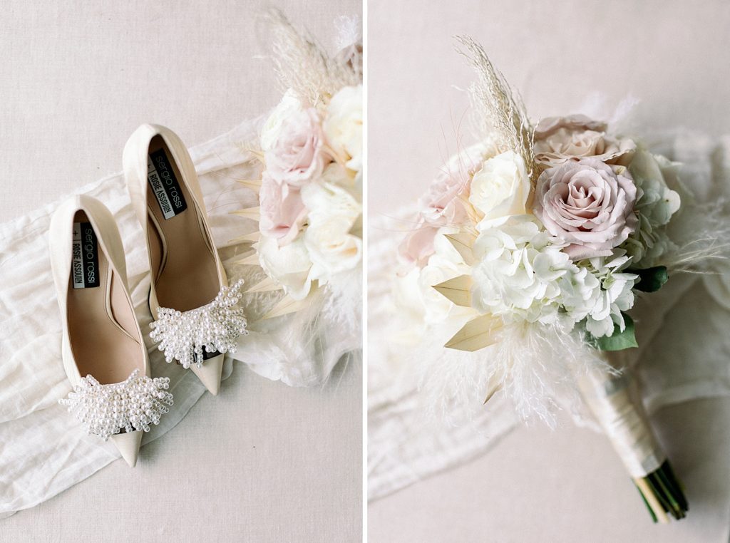 Detail shot of white flower bouquet and wedding heels