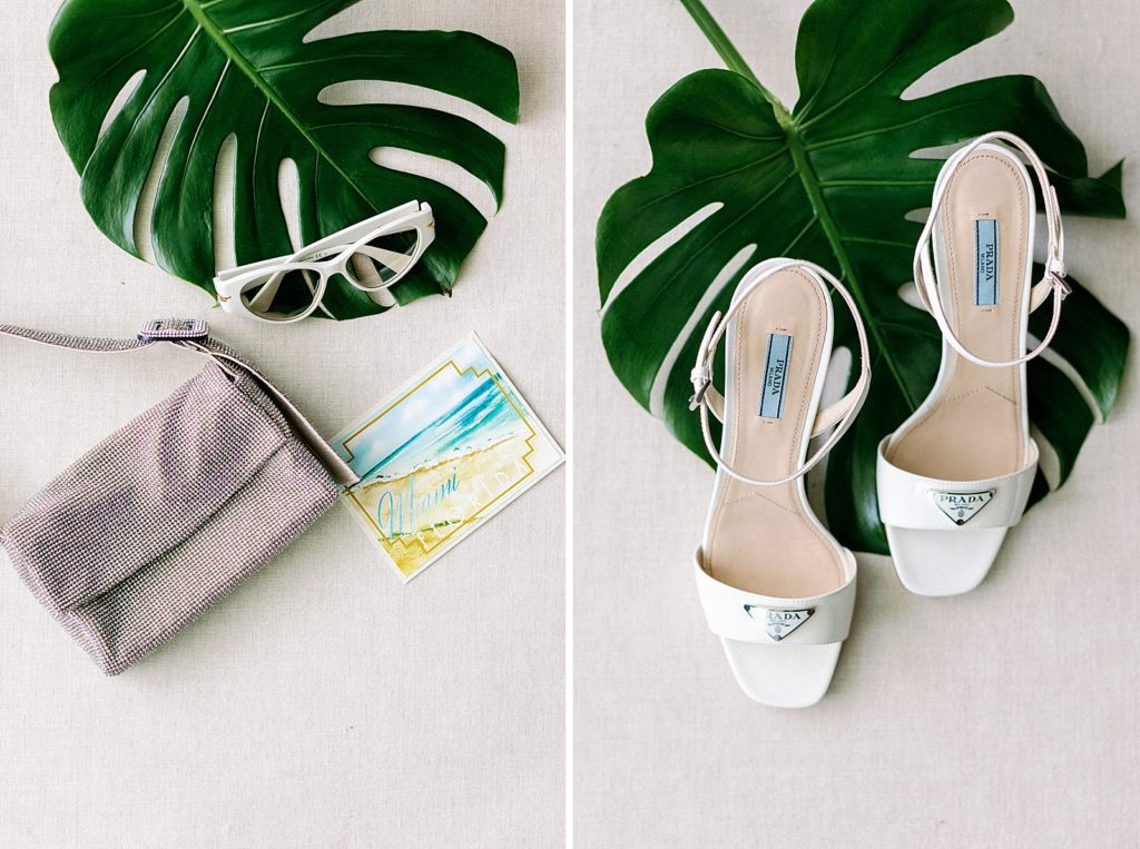 Wedding heels on green palm leaf and sunglasses postcard and pouch